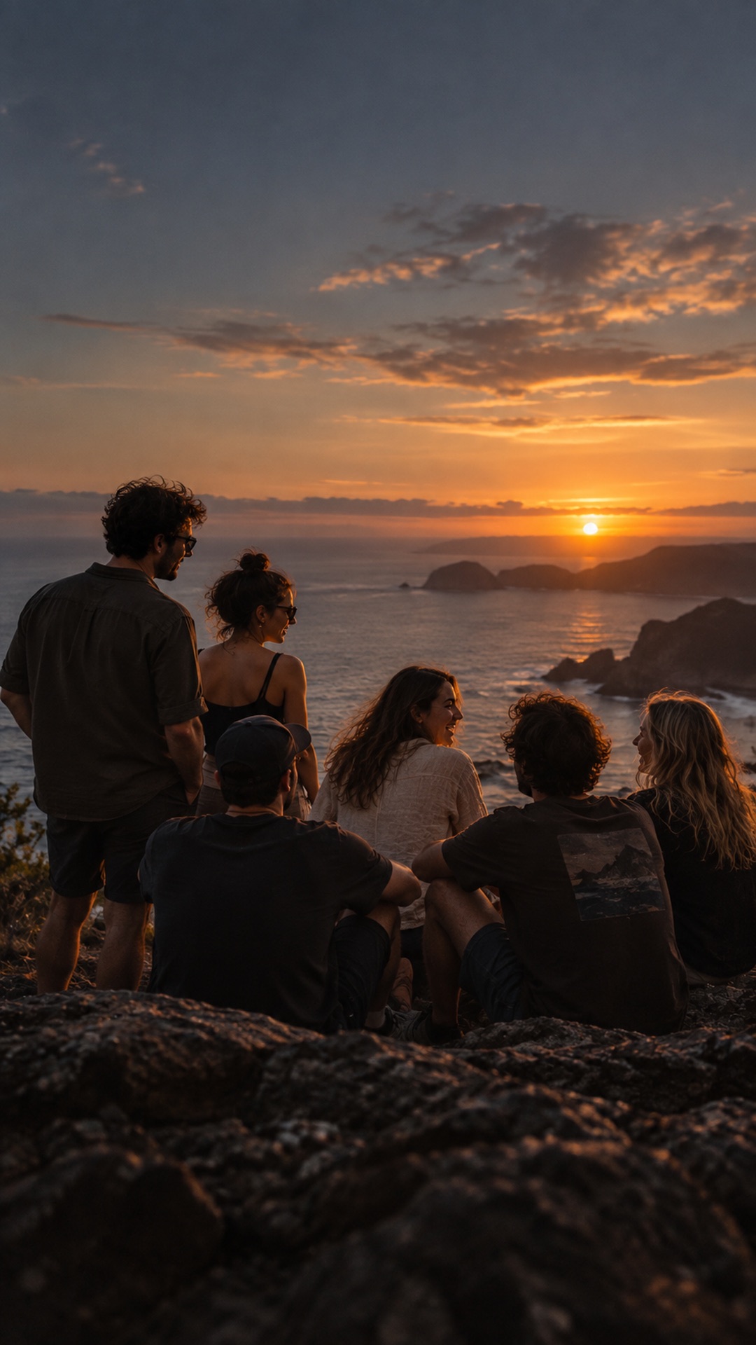 A group of friends laughing together at sunset.